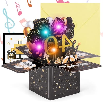 Verjaardagskaart met muziek en licht voor 40e verjaardag - Pop-upkaart voor vrouwen, kinderen, vriendin en mannen. Perfect verjaardagscadeau - zwart goud.