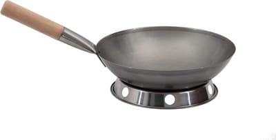 Wok set, pan 30 cm Ø ronde bodem koolstofstaal voor gasfornuis en inductie pan + wok ring voor het neerzetten van de wok