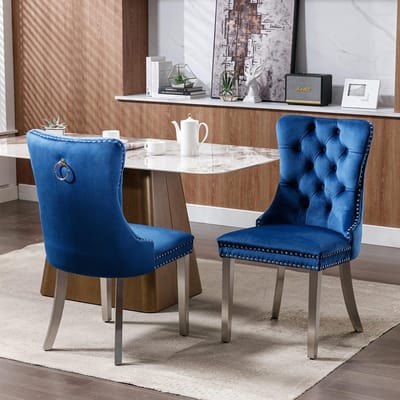 BLACKCOLORS Moderne, hoogwaardige eetkamerstoel met fluwelen bekleding en verchroomde roestvrijstalen poten, spijkerstof, set van 2, blauw en chroom, DE1701BL
