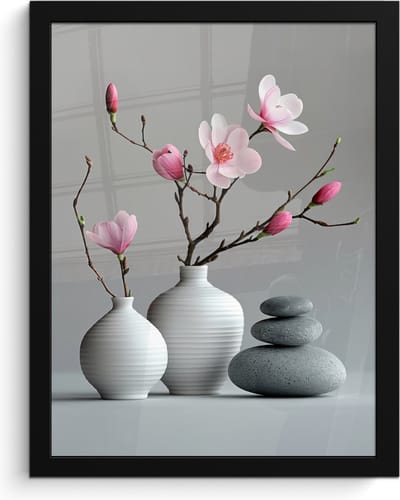 Poster in lijst - Fotolijst 30x40 cm - Posters - Magnolia - Bloemen - Roze - Zen stenen - Posterlijst zwart - Wanddecoratie badkamer - Muurdecoratie WC - Decoratieve accessoires - Toilet muur decoratie