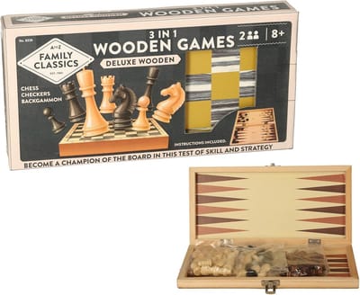 Houten Spel Set - Klassieke Bordspellen - Familie Plezier - Drie Spellen In Een - 24x12 Cm - Natuurlijk Hout