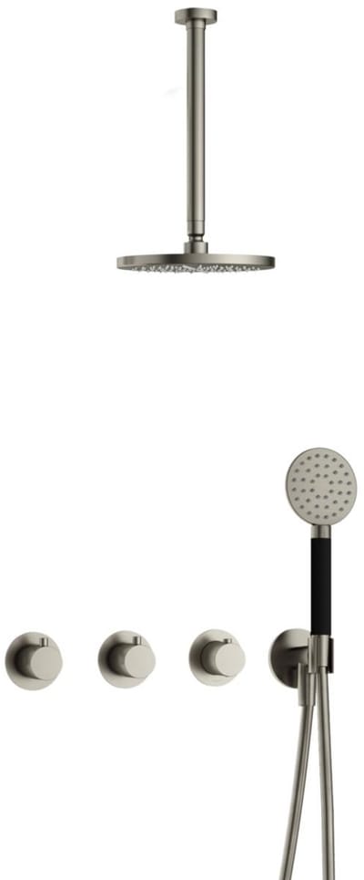 Hotbath Cobber IBS70 inbouw regendoucheset met ronde handdouche aan houder en 20cm ronde hoofddouche aan 30cm plafondarm geborsteld nikkel