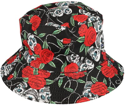 Haarsoires Bucket Hat Hoedje – Roos Schedel Print - Omkeerbaar – One Size – Zwart Rood Wit - Vissershoedje - voor Dames & Heren