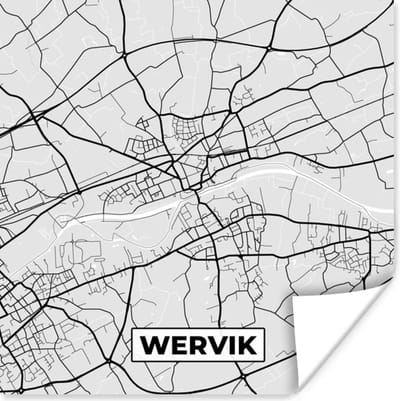 Poster Stadskaart – Zwart Wit - Kaart – Wervik – België – Plattegrond - 100x100 cm XXL