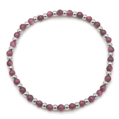 Armband Dames - Elastisch - Zilverkleurige Kralen RVS - Paarse Steentjes