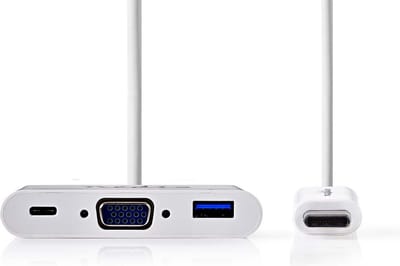 Nedis USB Multi-Port Adapter - 3-in-1 - USB 3.1 - USB-C Male - USB-A Female / USB-C Female / VGA Female 15p - 5 Gbps - 0.20 m - Rond - Vernikkeld - PVC - Wit - Blister