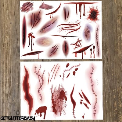 GetGlitterBaby® - Wonden Tattoo / Halloween Decoratie Versiering / Carnaval Schmink Make Up Plak Tattoos Bloed / Tijdelijke Tattoo Grime / Nep Tatoeage - Wond / Wonden / Bloed - 2 stuks