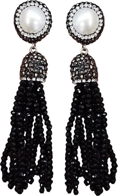 Zoetwater parel oorbellen Bright Pearl Black Crystal Tassel - oorstekers - echte parels - wit - zwart - stras steentjes - kwastje - parel oorbellen dames - parel oorknopjes - sieraden doosje