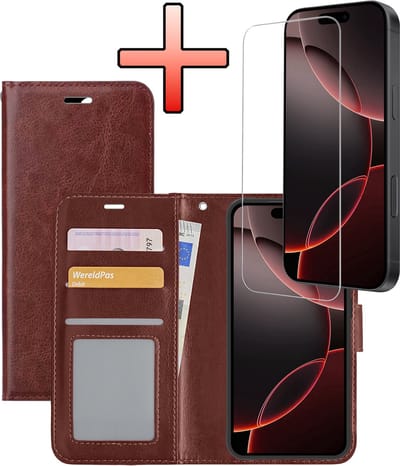 Hoesje - Met Screenprotector - Geschikt voor Apple iPhone 16 Pro - Luxe Pasjeshouder - Bookcase Portemonee - Flip Case - Kunstleer Book Case - Flipcase - Book Cover - Walletcase - Portemonneehoes - Bruin