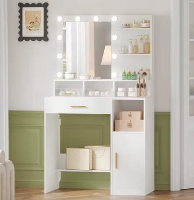 JHA make-up tafel, HD-spiegel,LED verlichting, instelbare met 3 planken en 4 open vakken, wit