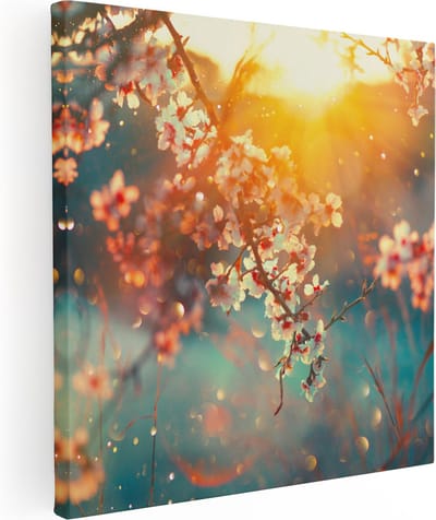 Artaza Canvas Schilderij Bloesemtak - 30x30 cm - Klein - Wanddecoratie Bloemen Zonsondergang - Muurdecoratie Lente - Kamer Accessoires