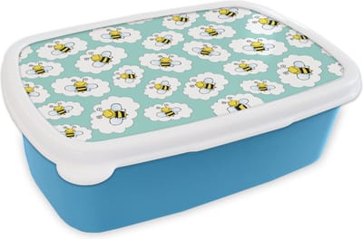 Broodtrommel Blauw - Lunchbox - Brooddoos - Bij - Insecten - Patroon - Groen - 18x12x6 cm - Kinderen - Jongen