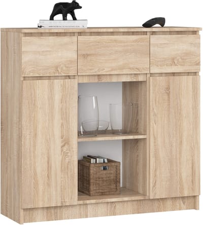 Ladekast K100 met 3 Lades, 2 Deuren en 1 Plank / AKORD Furniture Factory / Sonoma Eik / 101 x 98 x 35 cm