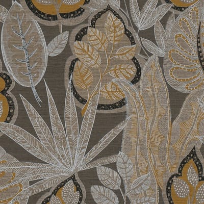 Natuur behang Profhome 393463-GU vliesbehang hardvinyl warmdruk in reliëf licht gestructureerd met palmen mat bruin taupe okergeel lichtgrijs 5,33 m2