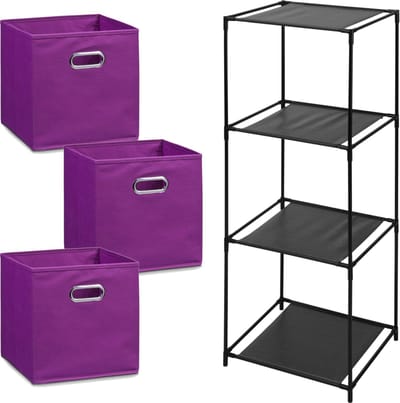 Zeller Kastmandjes/opberg manden - paars - 3x stuks van 29L - Metalen rekje is 34 x 98 cm