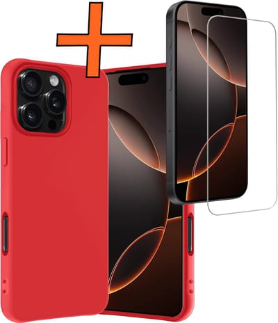 Hoes - Met Screenprotector - Geschikt voor Apple iPhone 16 Pro - Sterk & Shockproof - Back Cover - Siliconen Case - Telefoon Hoes - Rood