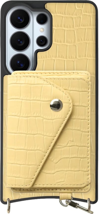 AVY Leren Hoesje Geschikt voor Samsung Galaxy S26 Ultra | Met Magnetische Kaarthouder | Compatibel met MagSafe | Leather Case met Wallet | Croco Geel