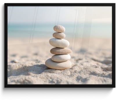 Poster in lijst - Fotolijst 80x60 cm - Posters - Stenen - Stapel - Zand - Zee - Posterlijst zwart - Decoratie - Wanddecoratie woonkamer - Muurdecoratie slaapkamer