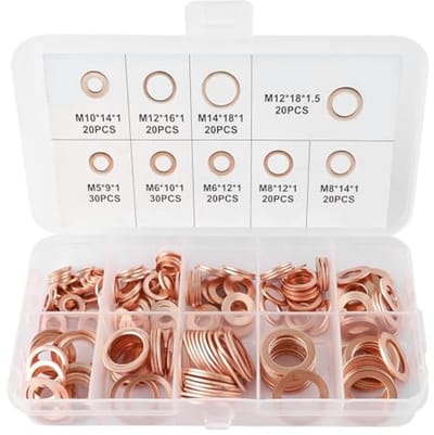 Dailygoods - Koperen sluitringen - Afdichtset - 200 stuks - Platte ringen - Olieaftapstop - 9 maten - Geschikt voor diverse toepassingen