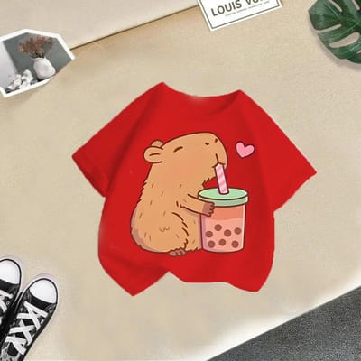 2026 Été Nouveau Mignon Animal Capybara Mode Impression T-shirt Manches Courtes Enfant 150 red