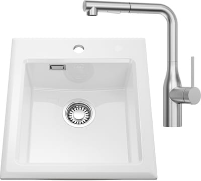 CECIPA Max Spoelbak Keuken - Keramische Spoelbakken Wit 45x50CM - Gootsteen Met Keukenkraan met Uitrekbare Uitloop - Keukenspoelbak - Opbouw Wasbak Keuken