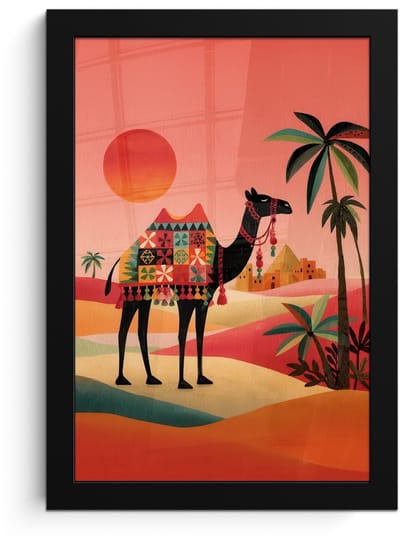 Poster in lijst - Fotolijst 20x30 cm - Posters - Kameel - Gekleurd tapijt - Duinen - Rode zon - Posterlijst zwart - Decoratie - Wanddecoratie woonkamer - Muurdecoratie slaapkamer