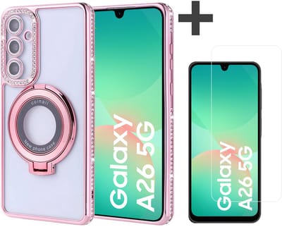 Hoesje met Ringhouder Geschikt voor Samsung Galaxy A26 met Diamant Glitters en Gehard Glas Screenprotector – Arara Backcover - Rosegoud
