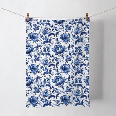 Ambiente Delft Blue theedoeken blauw met bloemen 50 x 70 cm