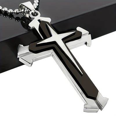 VANDAAG VERZONDEN - Ketting - Kruis - Christelijk - Staal - Zilver/ Zwart