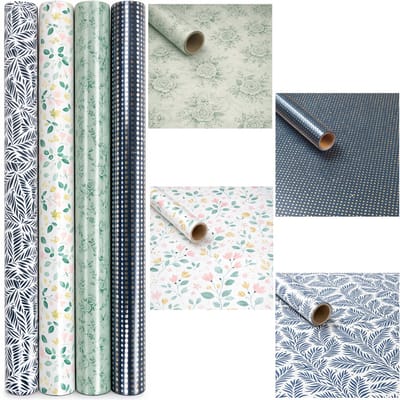 Cadeaupapier Set 4 Rollen – 200 x 70 cm per Rol – Luxe Blauw & Groene Designs – Extra Stevig Inpakpapier