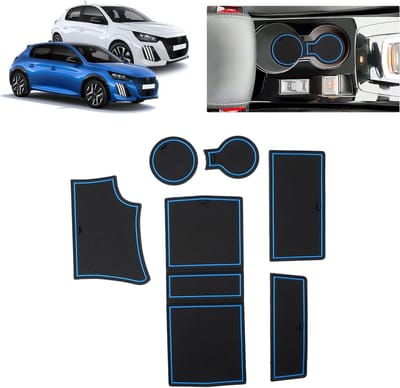 Anti-slip Rubber Matten voor Peugeot 208 E-208 2020-2024 - Console, Bekerhouder en Deurgroef (Blauw) - Perfecte Bescherming en Grip
