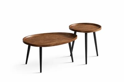 Allero Salontafel - Set van 2 - Salontafels rond - Salontafels organisch - Walnoot kleur - Zwarte industriële poten - Maat L en S