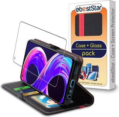 ebestStar - Hoes geschikt voor Realme 8 Pro, Realme 8 (No 5G), Wallet Etui, Book case hoesje, Zwart, Rood + Gehard Glas