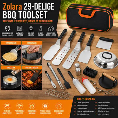 Zolara 29-delige BBQ Toolset - Ultiem vaderdagcadeau - Vaderdagtip - BBQ set - BBQ tang - Complete RVS Barbecue Gereedschap Set - Voor Binnen & Buiten Koken - BBQset - Grillset - Barbecuegereedschapset - Glamping