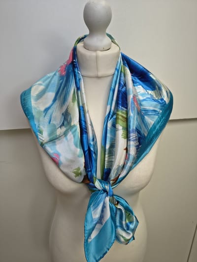 Vierkante dames sjaal Florance-gebloemd motief-blauw wit roze groen bruin turquoise koningsblauw lime-90x90