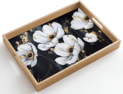 Dienblad hout 50x35 cm - Schootdienblad - Bloemen - Wit - Abstract - Borrelplank rechthoek - Plateau dienbladen