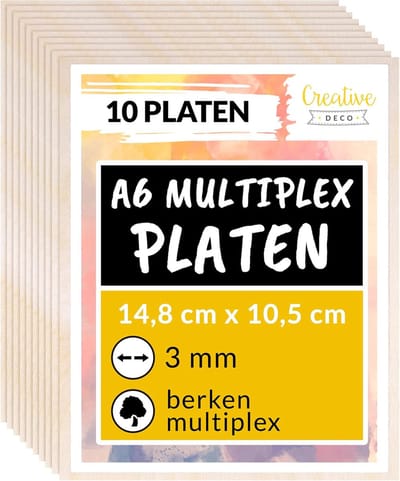 Creative Deco 10 x A6 Multiplex Platen 3mm | 148 x 105 x 3 mm | Berkenhout | Perfect voor Pyrografie, Lasersnijden, CNC, Fretwerk, Rolzaag
