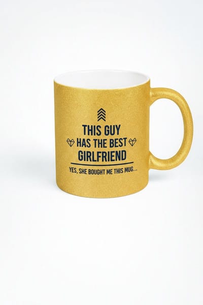 Gouden Glitter Mok 'THIS GUY HAS THE BEST GIRLFRIEND' | Grappig Cadeau Vriendje | Beste Vriendin Mok
