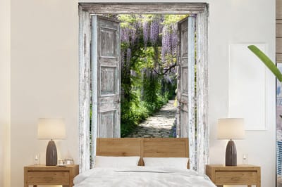 Behang - Fotobehang Doorkijk - Bos - Stenen - Lente - Breedte 160 cm x hoogte 240 cm