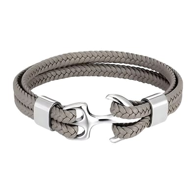 Marama - herenarmband Otis Taupe - vegan pu leer - ankersluiting - mannen - stoer - gevlochten - RVS zilver plating