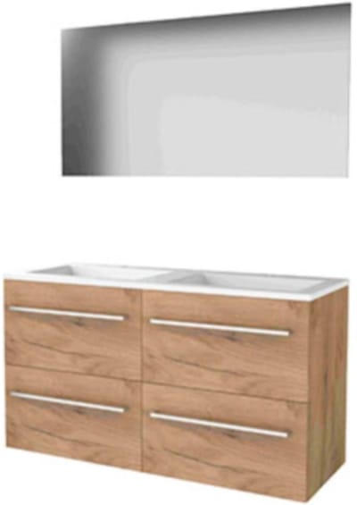 Basic-Line Ultimate 46 Badkamermeubelset - 120 x 46 cm - Met Grepen - 4 Lades - Acryl Wastafel - 2 Kraangaten - Spiegel met Indirecte LED Verlichting - Whisky Oak