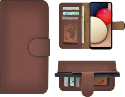Geschikt voor Samsung Galaxy A02s Hoesje - Bookcase - A02s Hoesje Book Case Portemonnee Wallet Echt Leder Bruin Cover
