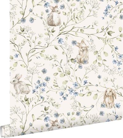 ESTAhome behang konijnen beige, groen, blauw en wit - 53 cm x 10.05 m - 131138