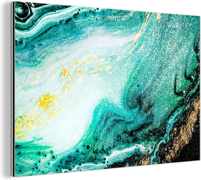 Wanddecoratie Metaal - Aluminium Schilderij Industrieel - Marmerlook - Blauw - Goud - Glitter - Luxe - Marmer - 180x120 cm - Dibond - Foto op aluminium - Industriële muurdecoratie - Voor de woonkamer/slaapkamer