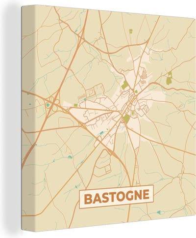 Canvas Schilderij Stadskaart - Kaart - Vintage - Plattegrond - Bastogne - 20x20 cm - Wanddecoratie