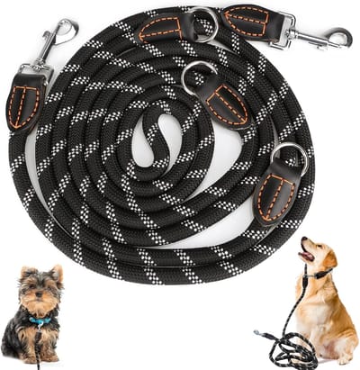 Hondenriem voor grote en middelgrote honden, verstelbare dubbele riem van nylon met 2 karabijnhaken en 3 ringen, 3 m x 15 mm, zwart