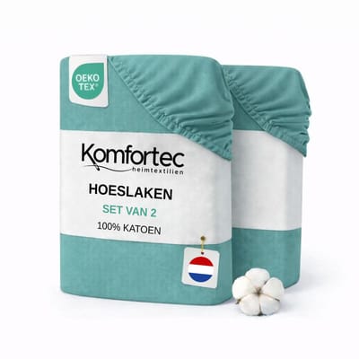 Komfortec Jersey Stretch 2-delige Hoeslaken Set 90x200 cm, Dubbelpak, 23 cm Matrasdikte, Rondom Elastiek, 100% Katoen, Aqua