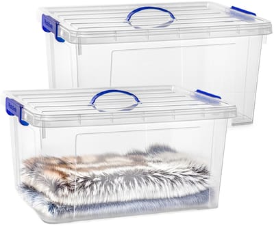 Plasticforte Opslagbox - 2x - met deksel - transparant blauw - 54 liter - 60 x 45 x 30 cm - kunststof - opbergdoos - opbergen