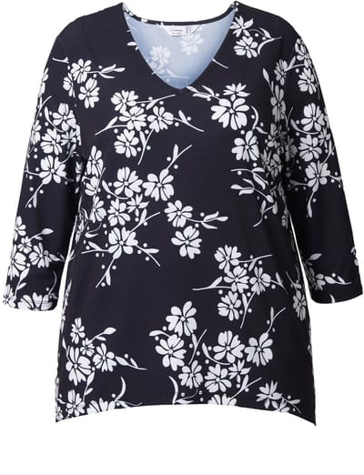MIAMODA - Dames - T-shirt comfortabele pasvorm bloemen puntzoom - Zwart - Maat 42