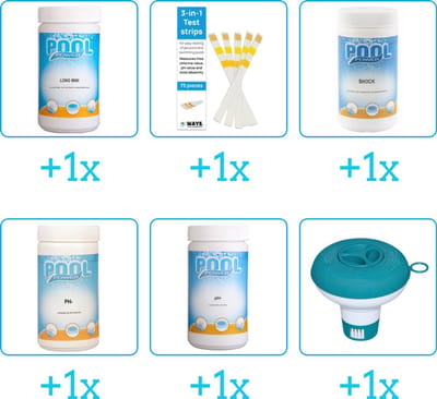 Zwembad Onderhoudspakket - Onderhoud Zwembad - bevat Chloor - Testrips - Chloor - PH-min - PH-plus en Chloordrijver (6-delig)